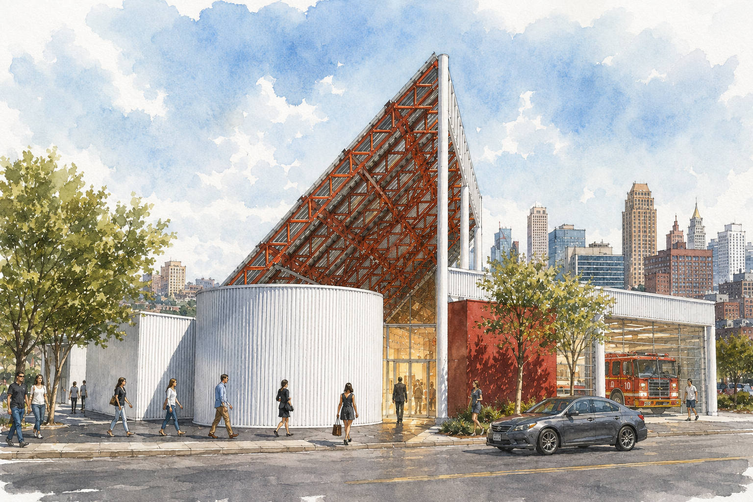 Commercial Portfolio Solar Powered Firestation in Baltimore City- Watercolor Sketch