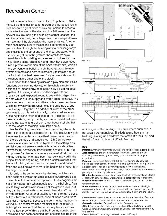 Commercial Portfolio Recreation Center in Baltimore, Published in Progressive Architecture Magazine