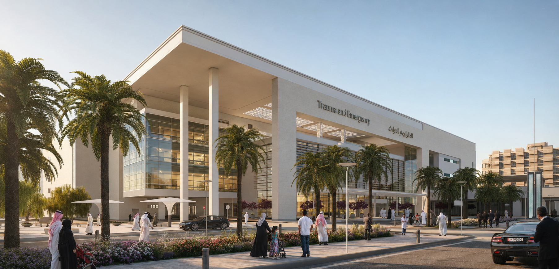 Commercial Portfolio Arab Countries New Emergency Hospital, Front Elevation | Cunningham Group Architects