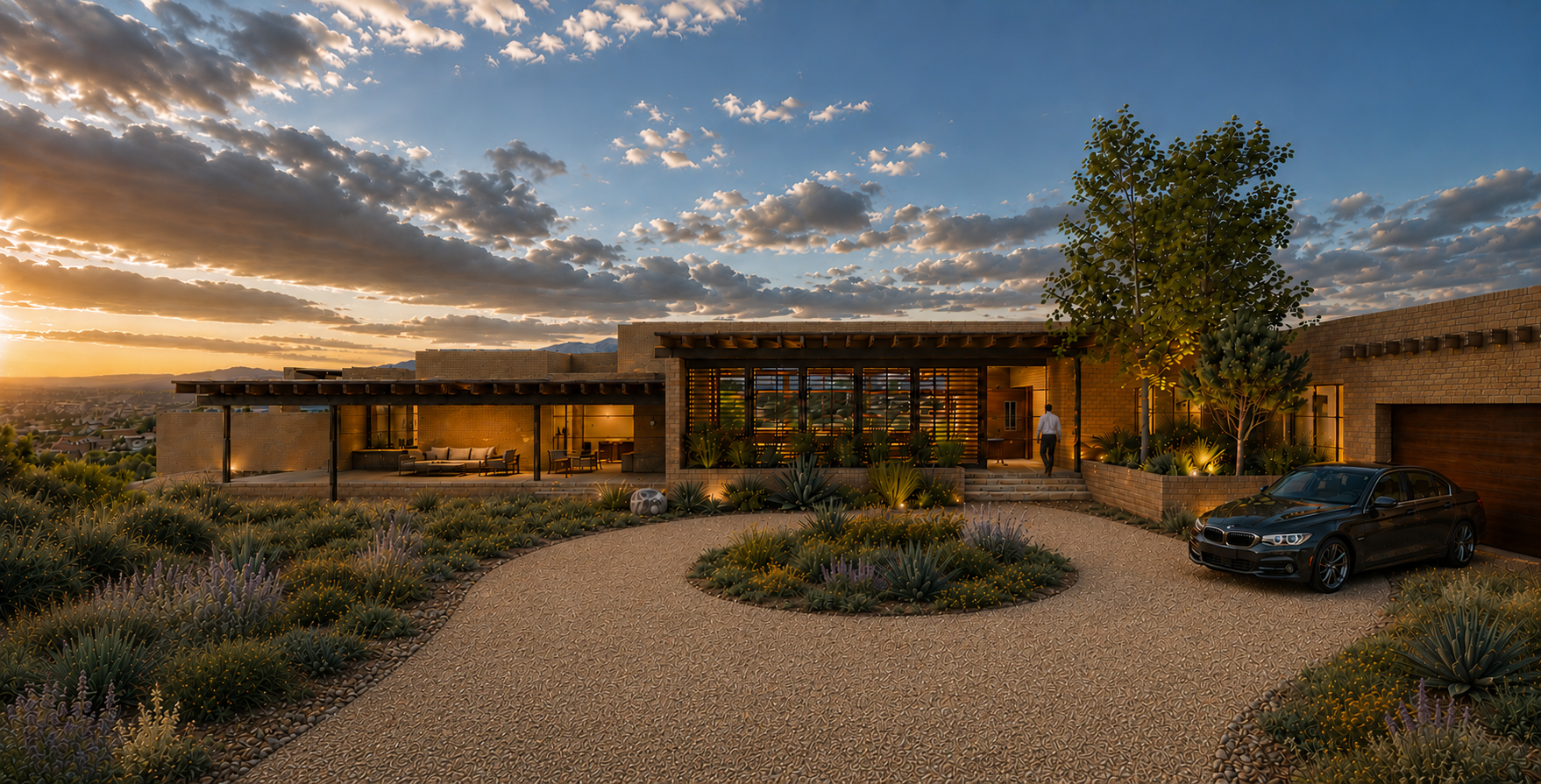 Brick and Glass House in the Santa Fe Hills- Front Elevation View
