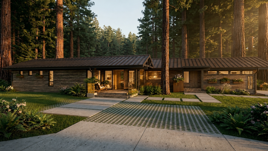 House in the Redwoods: New Wing Added in front of the Existing House with updated wall and roof materials.