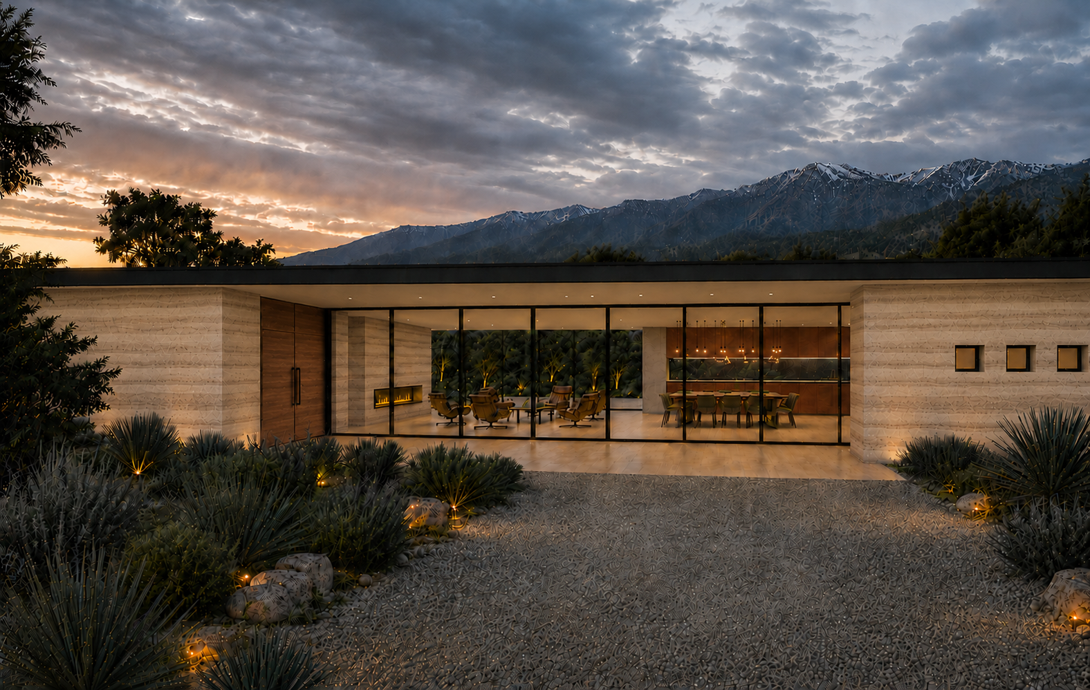 Modern Santa Fe Exterior Entrance with Rammed Earth Walls