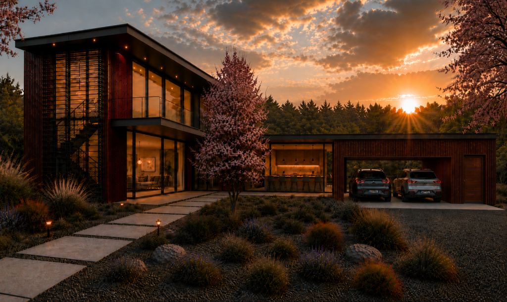 Rust House in Santa Fe- Front Elevation at sunset