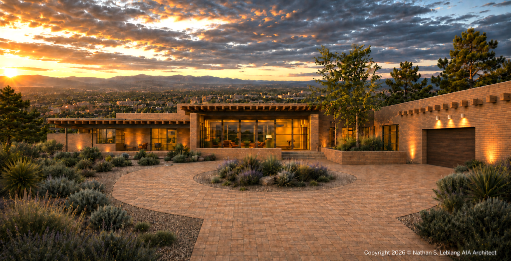 Brick and Glass House in the Santa Fe Hills- Front Elevation View